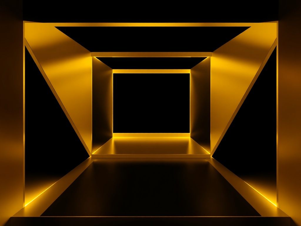 A stylized geometric shape resembling an interior space, clean lines, negative space, rendered in gold on a dark background, photorealistic, 8k